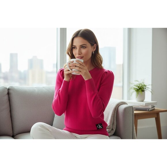 Calvin Klein Jeans Womens Hot Pink Knit Sweater XS Long Sleeve Pullover Nylon Bl - Picture 3 of 12